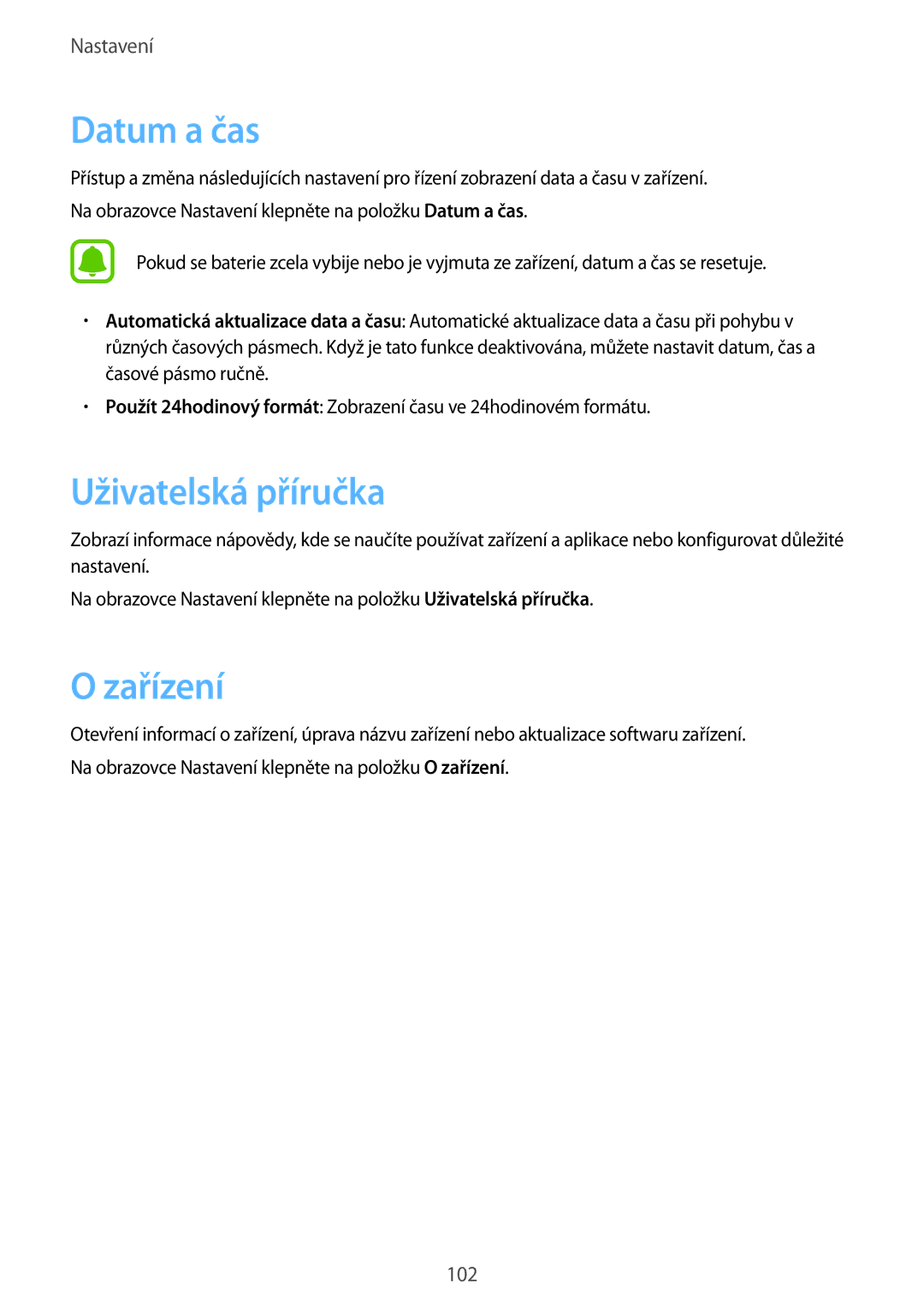 Samsung SM-T719NZKEXEZ, SM-T819NZKEXEZ manual Datum a čas, Uživatelská příručka, Zařízení 