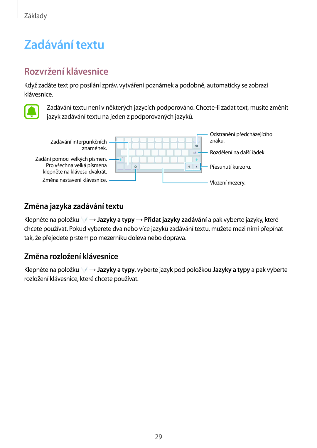 Samsung SM-T819NZKEXEZ manual Zadávání textu, Rozvržení klávesnice, Změna jazyka zadávání textu, Změna rozložení klávesnice 