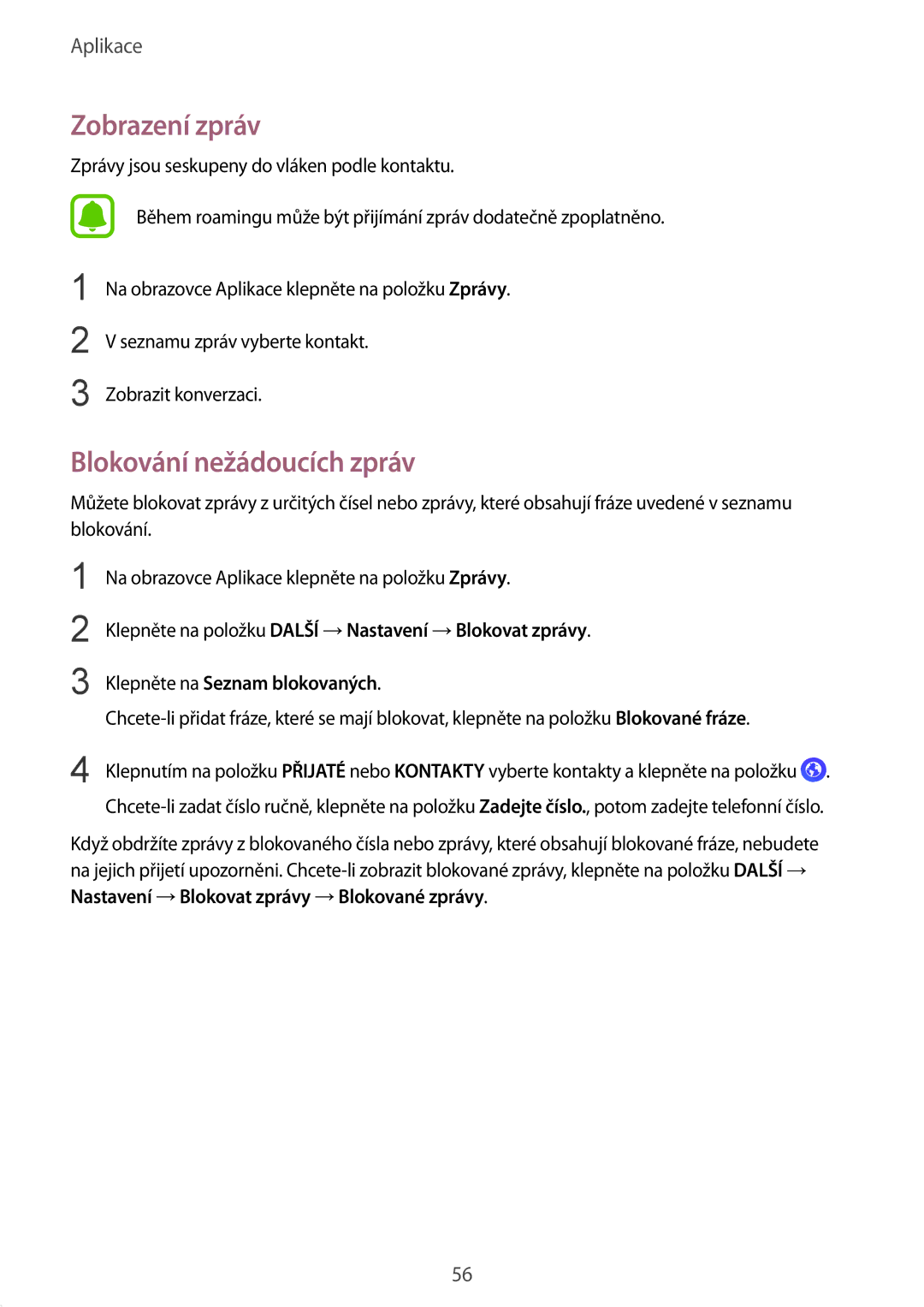 Samsung SM-T719NZKEXEZ, SM-T819NZKEXEZ manual Zobrazení zpráv, Blokování nežádoucích zpráv 