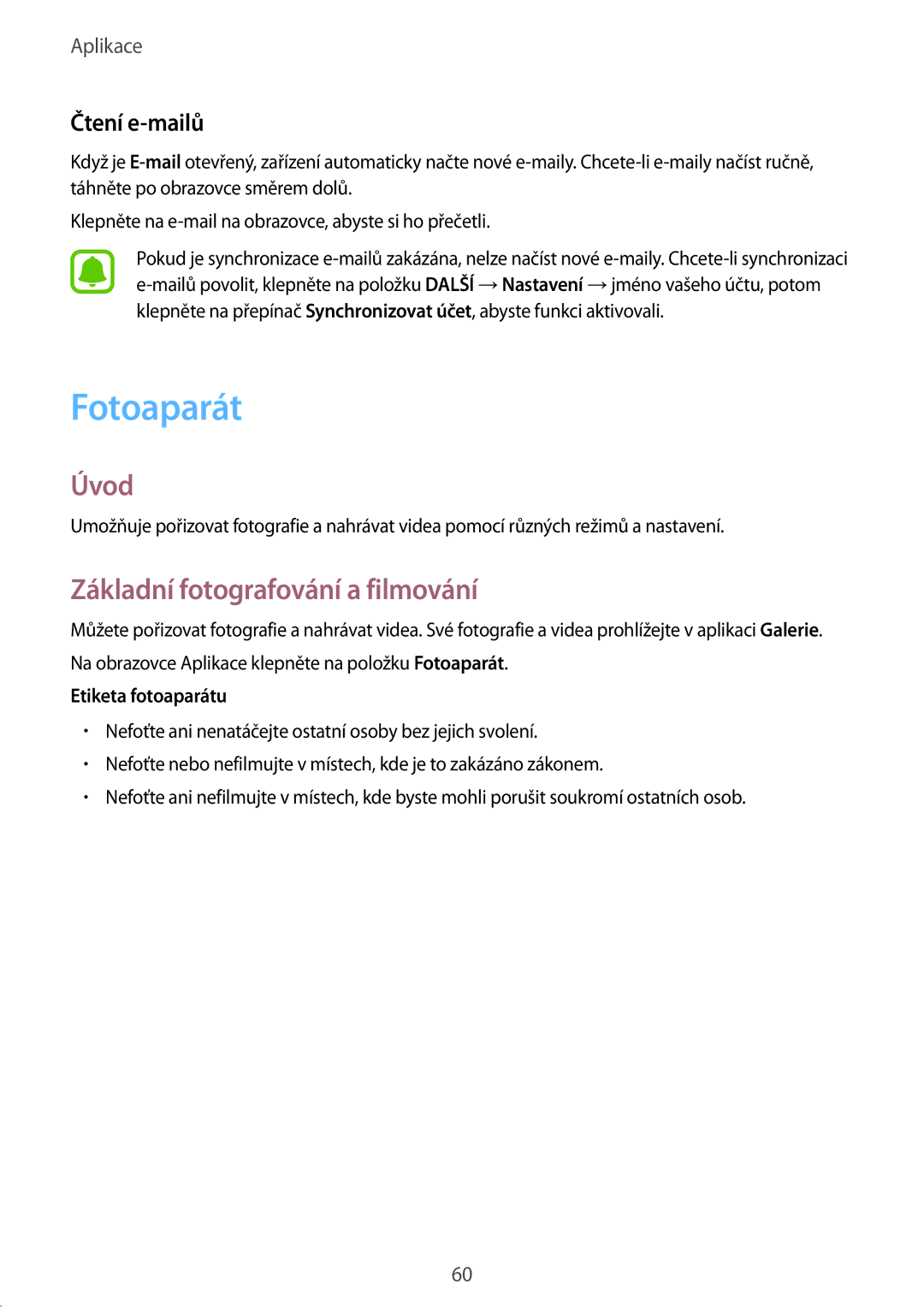 Samsung SM-T719NZKEXEZ, SM-T819NZKEXEZ manual Fotoaparát, Základní fotografování a filmování, Čtení e-mailů 