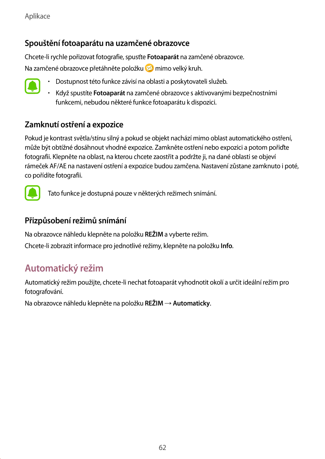 Samsung SM-T719NZKEXEZ manual Automatický režim, Spouštění fotoaparátu na uzamčené obrazovce, Zamknutí ostření a expozice 