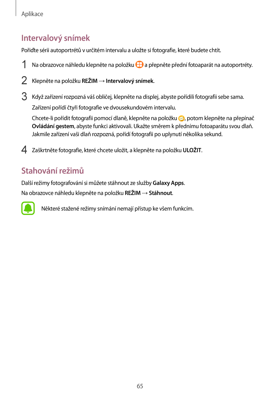 Samsung SM-T819NZKEXEZ, SM-T719NZKEXEZ manual Intervalový snímek, Stahování režimů 