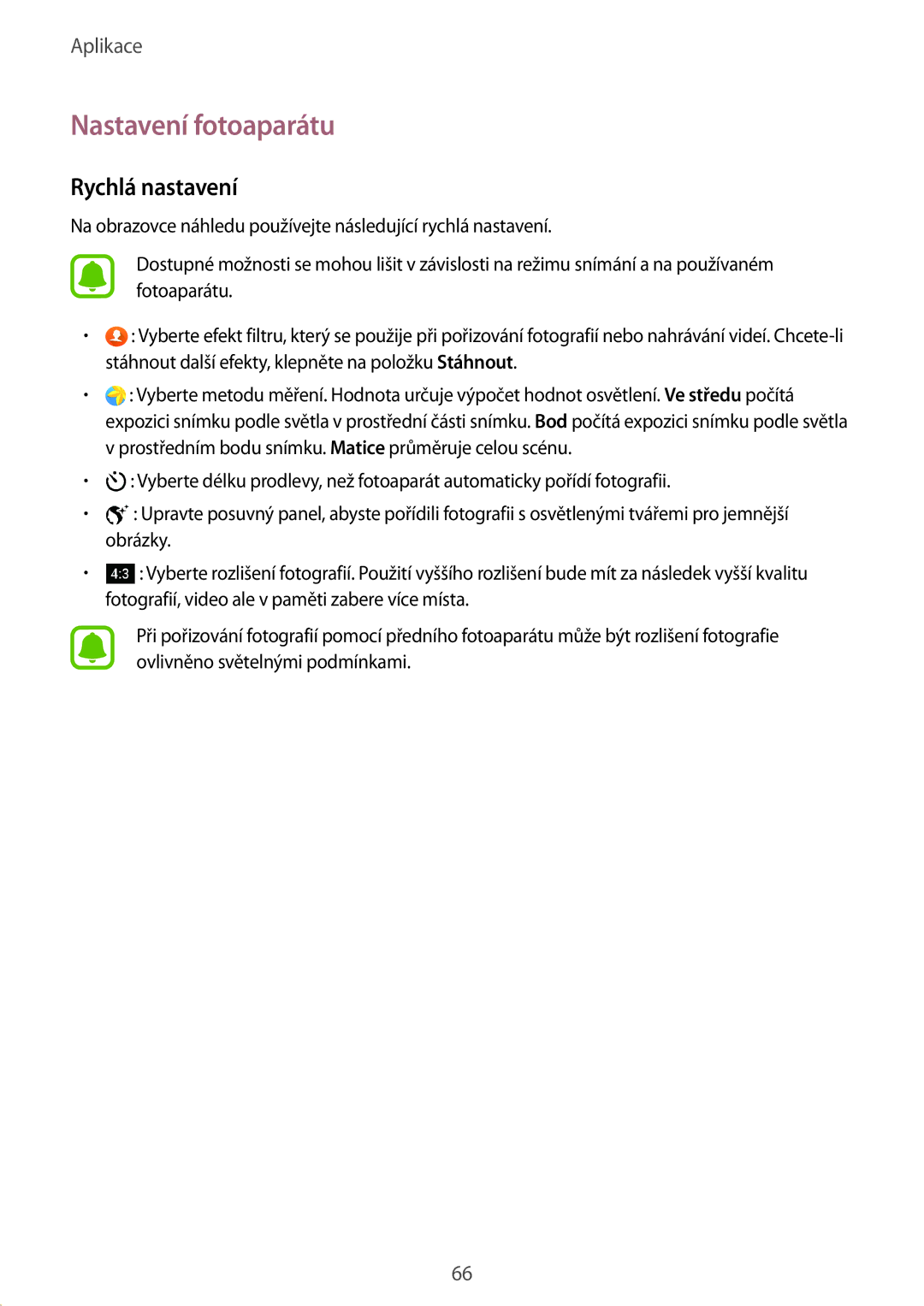 Samsung SM-T719NZKEXEZ, SM-T819NZKEXEZ manual Nastavení fotoaparátu, Rychlá nastavení 