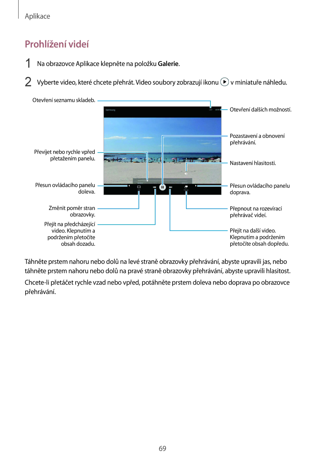 Samsung SM-T819NZKEXEZ, SM-T719NZKEXEZ manual Prohlížení videí, Přesun ovládacího panelu doleva 