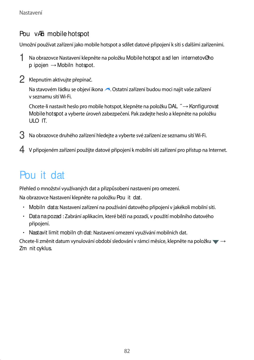 Samsung SM-T719NZKEXEZ, SM-T819NZKEXEZ manual Použití dat, Používání mobile hotspot 