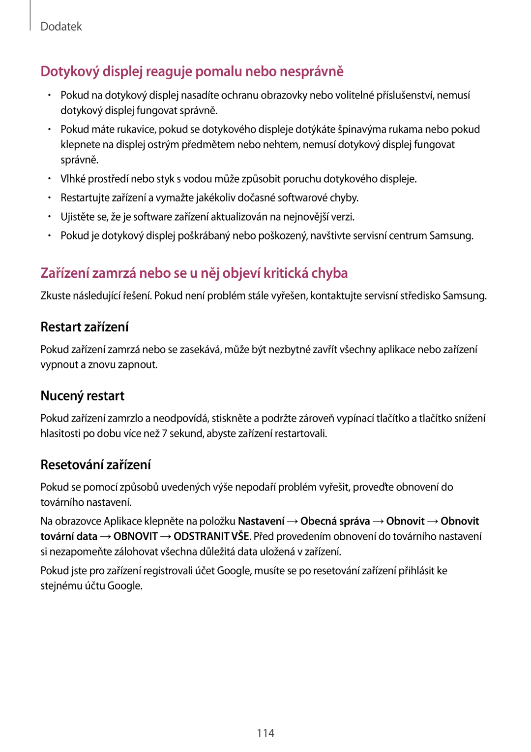 Samsung SM-T719NZKEXEZ, SM-T819NZKEXEZ manual Nucený restart, Resetování zařízení 