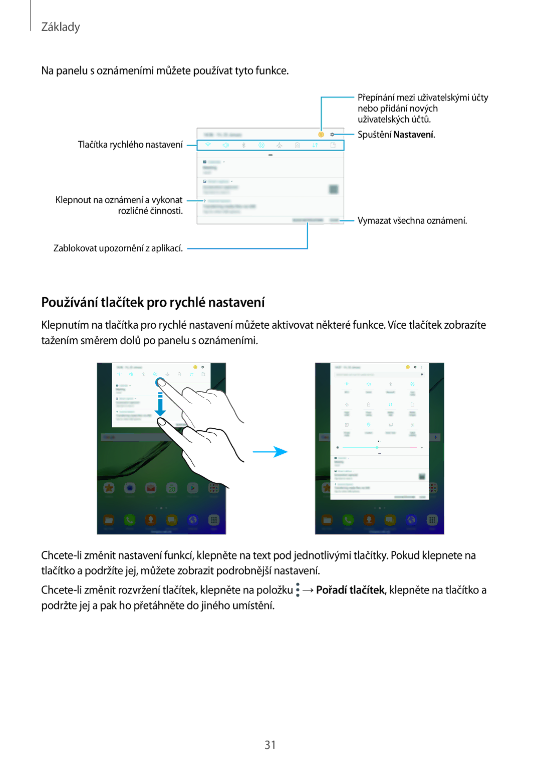 Samsung SM-T819NZKEXEZ manual Používání tlačítek pro rychlé nastavení, Na panelu s oznámeními můžete používat tyto funkce 