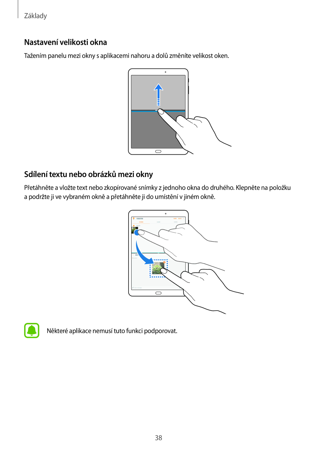 Samsung SM-T719NZKEXEZ, SM-T819NZKEXEZ manual Nastavení velikosti okna, Sdílení textu nebo obrázků mezi okny 