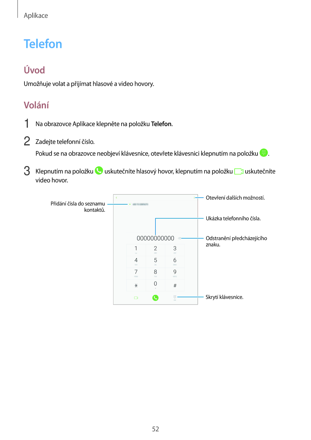Samsung SM-T719NZKEXEZ, SM-T819NZKEXEZ manual Telefon, Volání, Umožňuje volat a přijímat hlasové a video hovory 
