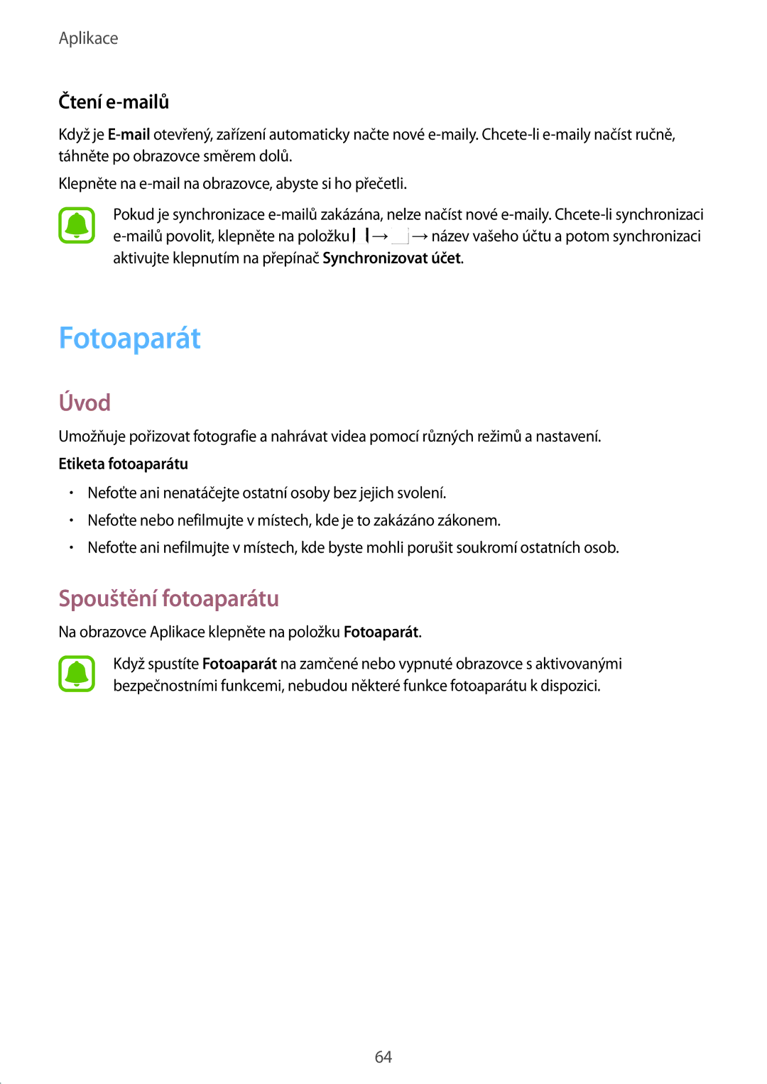 Samsung SM-T719NZKEXEZ, SM-T819NZKEXEZ manual Fotoaparát, Spouštění fotoaparátu, Čtení e-mailů 
