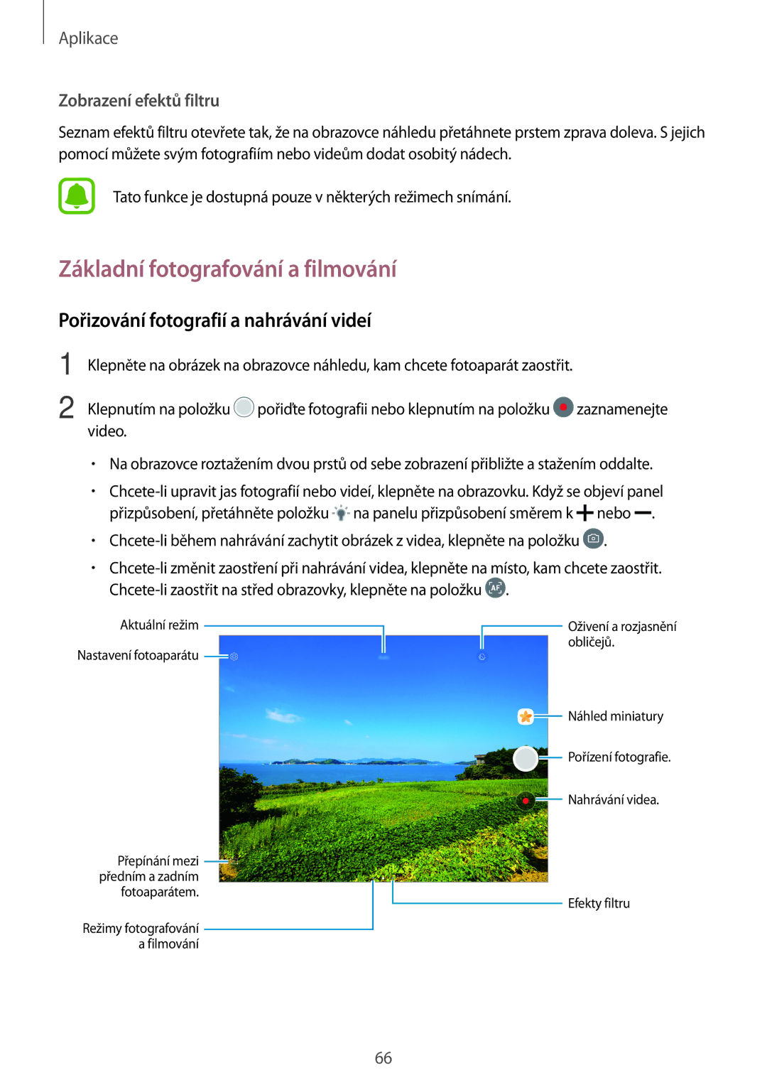Samsung SM-T719NZKEXEZ, SM-T819NZKEXEZ manual Základní fotografování a filmování, Pořizování fotografií a nahrávání videí 