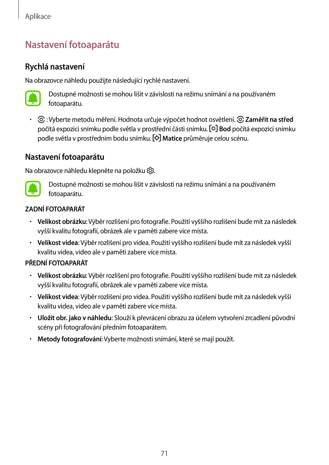 Samsung SM-T819NZKEXEZ, SM-T719NZKEXEZ manual Nastavení fotoaparátu, Rychlá nastavení 