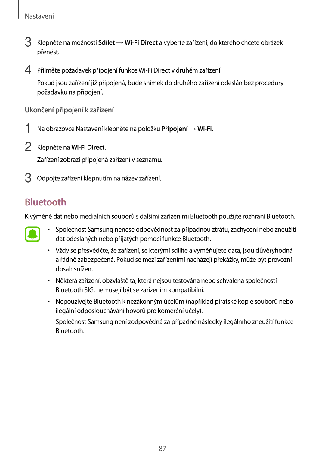 Samsung SM-T819NZKEXEZ, SM-T719NZKEXEZ manual Bluetooth, Ukončení připojení k zařízení 