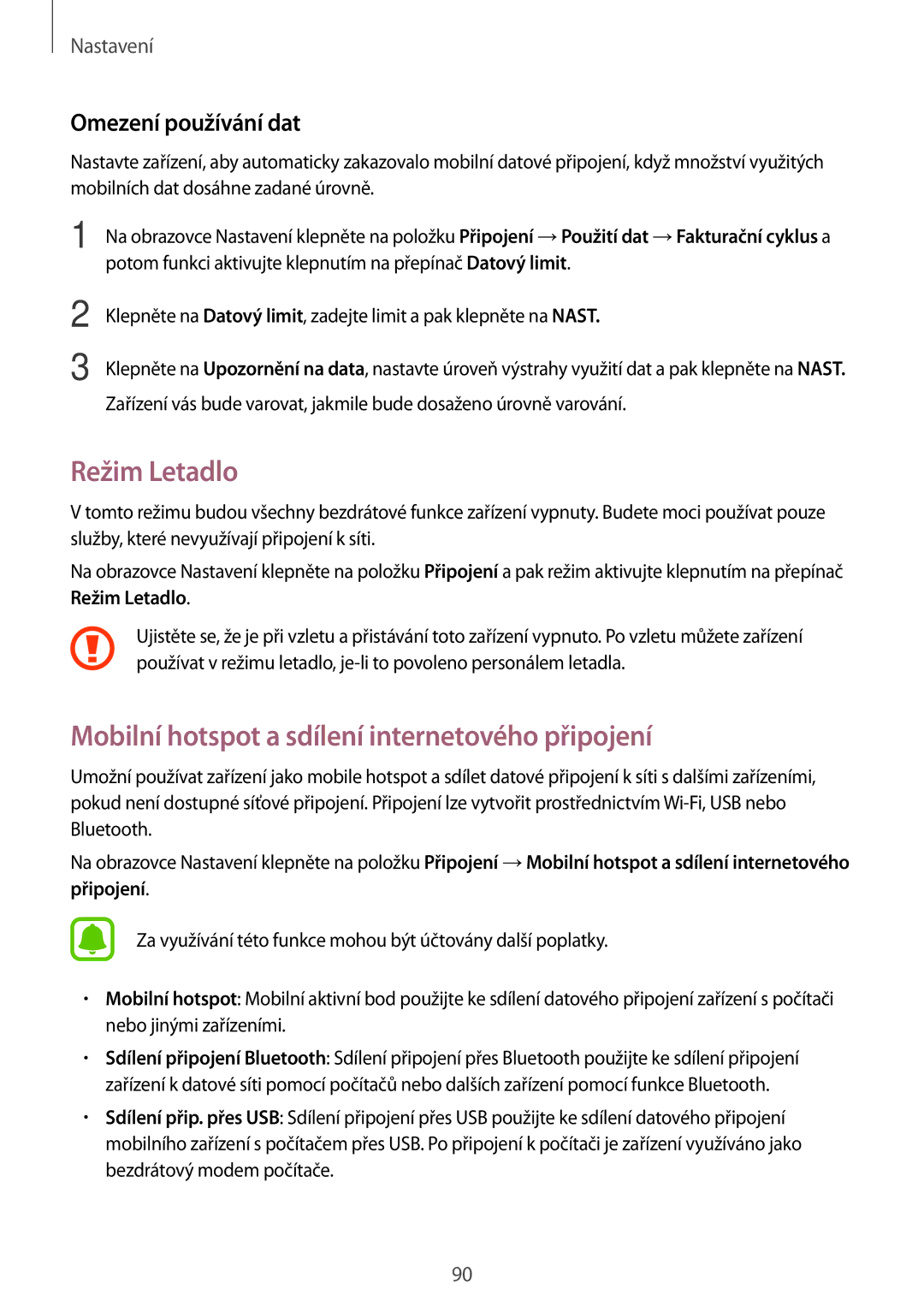 Samsung SM-T719NZKEXEZ manual Režim Letadlo, Mobilní hotspot a sdílení internetového připojení, Omezení používání dat 