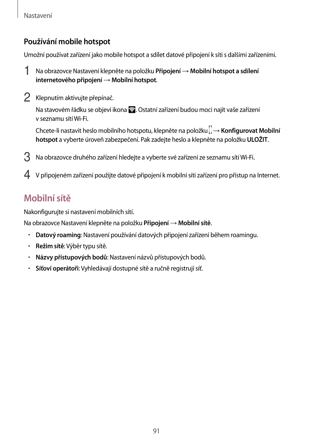 Samsung SM-T819NZKEXEZ, SM-T719NZKEXEZ manual Mobilní sítě, Používání mobile hotspot 