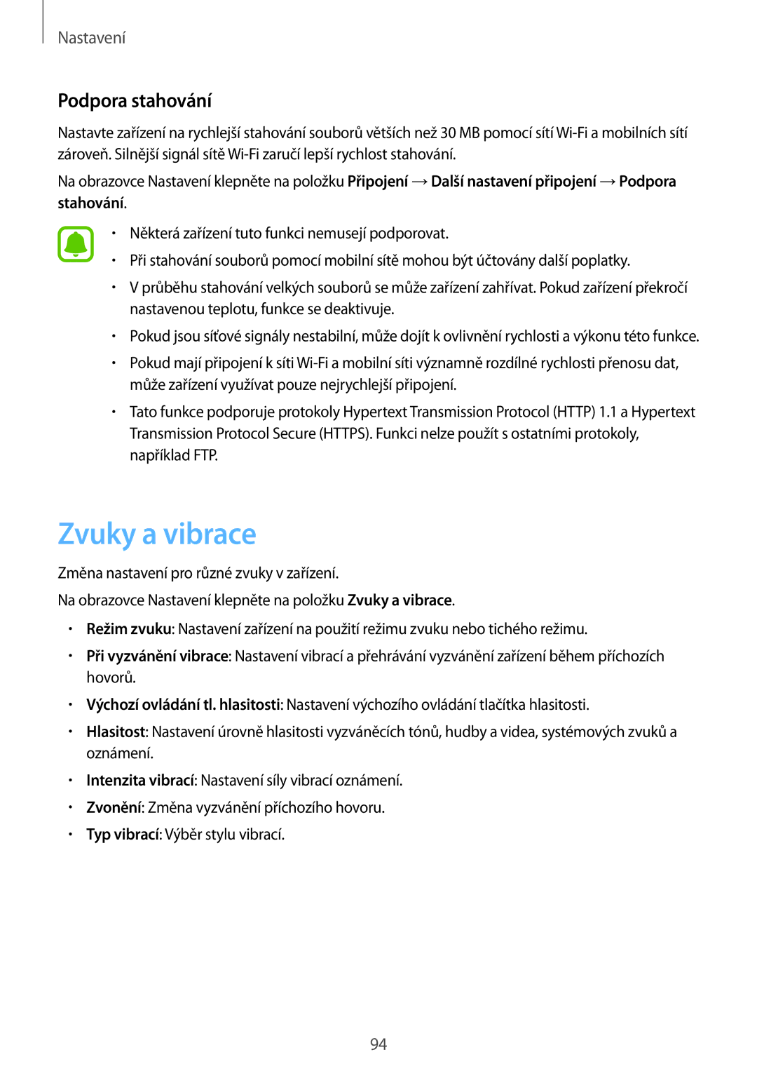 Samsung SM-T719NZKEXEZ, SM-T819NZKEXEZ manual Zvuky a vibrace, Podpora stahování 