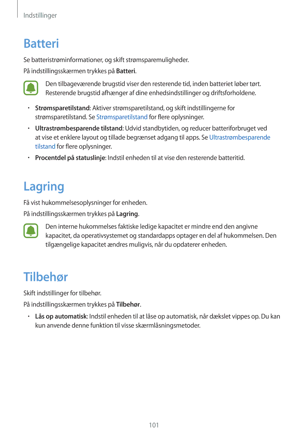 Samsung SM-T719NZKENEE, SM-T719NZWENEE, SM-T819NZKENEE, SM-T819NZWENEE manual Lagring, Tilbehør 