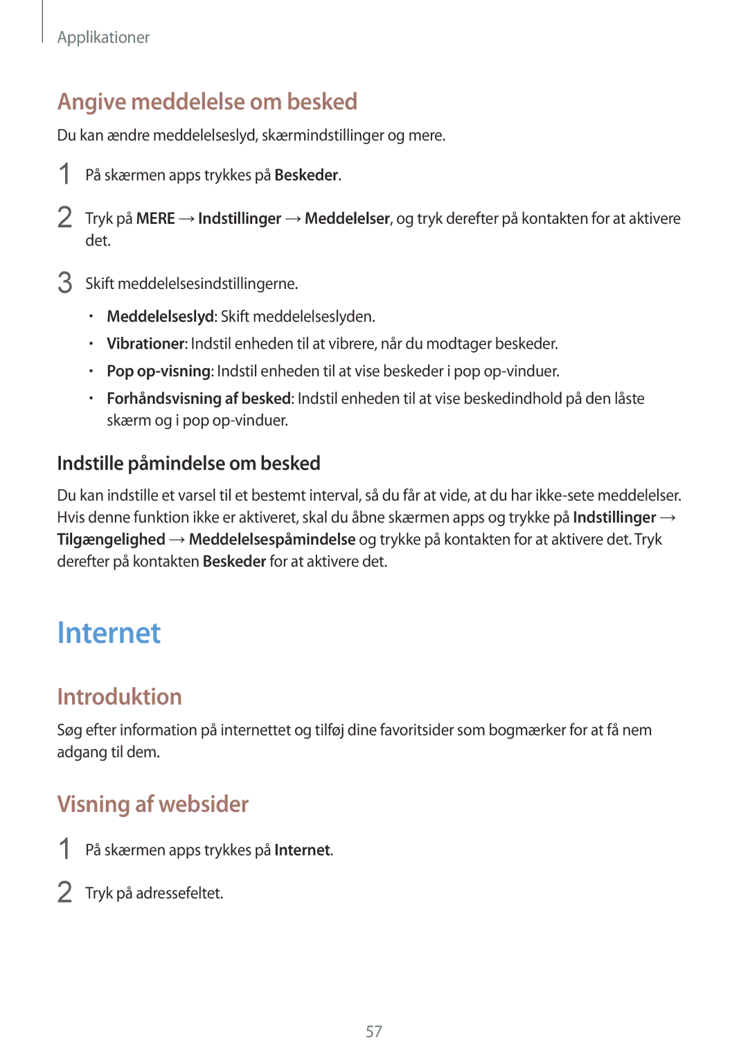 Samsung SM-T719NZKENEE manual Internet, Angive meddelelse om besked, Visning af websider, Indstille påmindelse om besked 