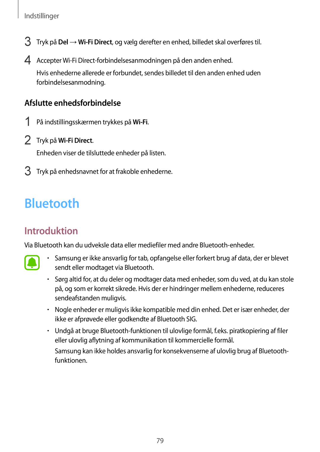 Samsung SM-T819NZWENEE, SM-T719NZWENEE manual Bluetooth, Afslutte enhedsforbindelse, På indstillingsskærmen trykkes på Wi-Fi 