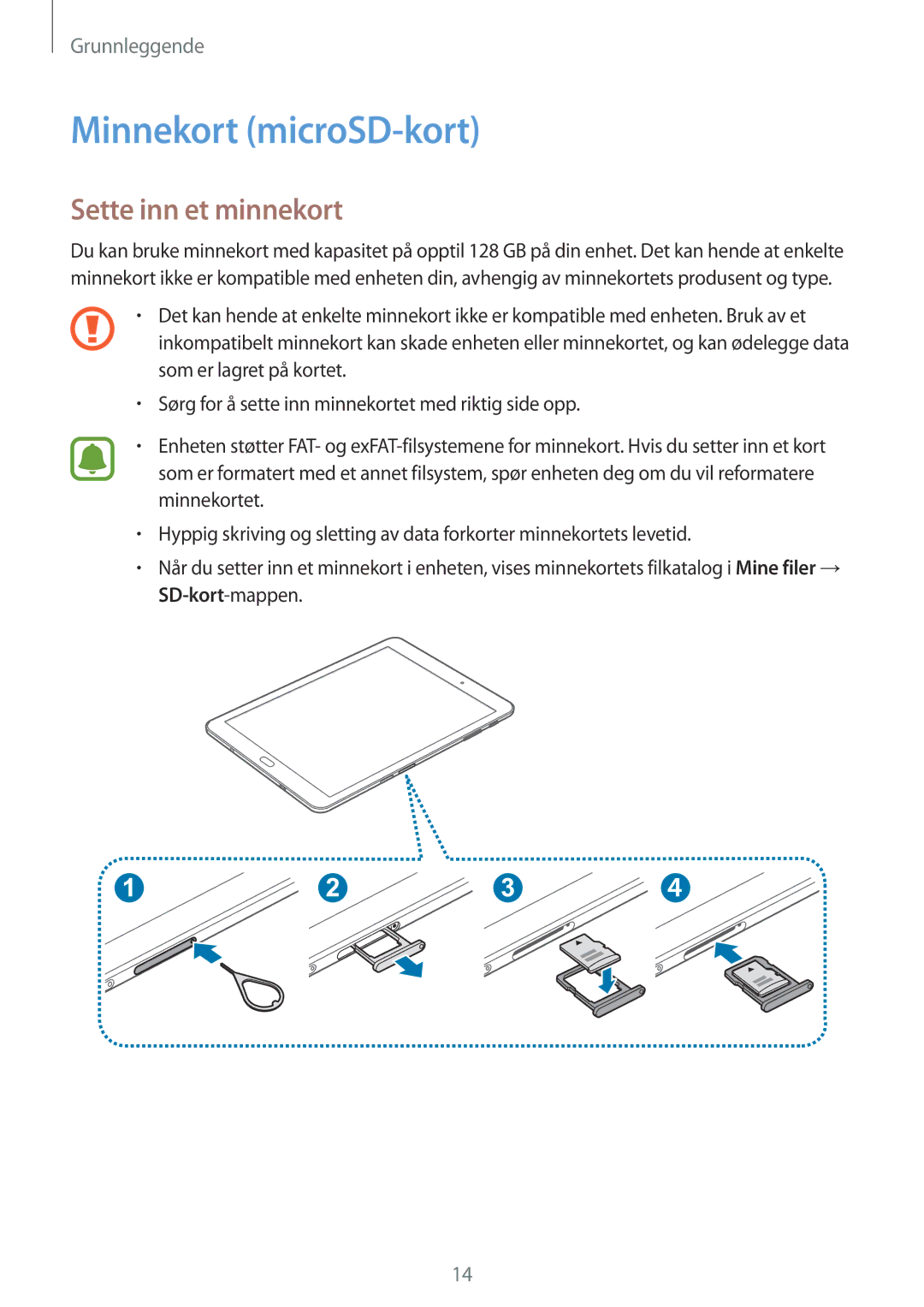 Samsung SM-T819NZKENEE, SM-T719NZWENEE, SM-T719NZKENEE, SM-T819NZWENEE manual Minnekort microSD-kort, Sette inn et minnekort 