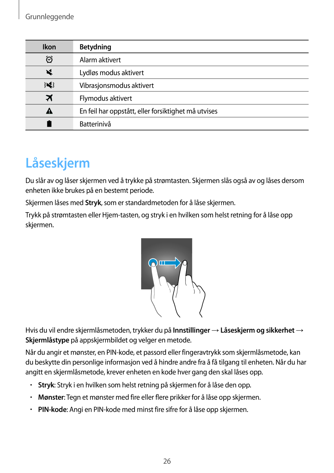 Samsung SM-T819NZKENEE, SM-T719NZWENEE, SM-T719NZKENEE, SM-T819NZWENEE manual Låseskjerm 