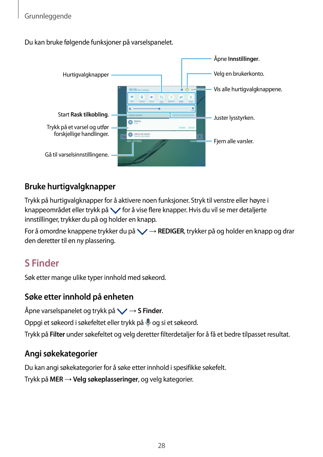 Samsung SM-T719NZWENEE, SM-T719NZKENEE Finder, Bruke hurtigvalgknapper, Søke etter innhold på enheten, Angi søkekategorier 