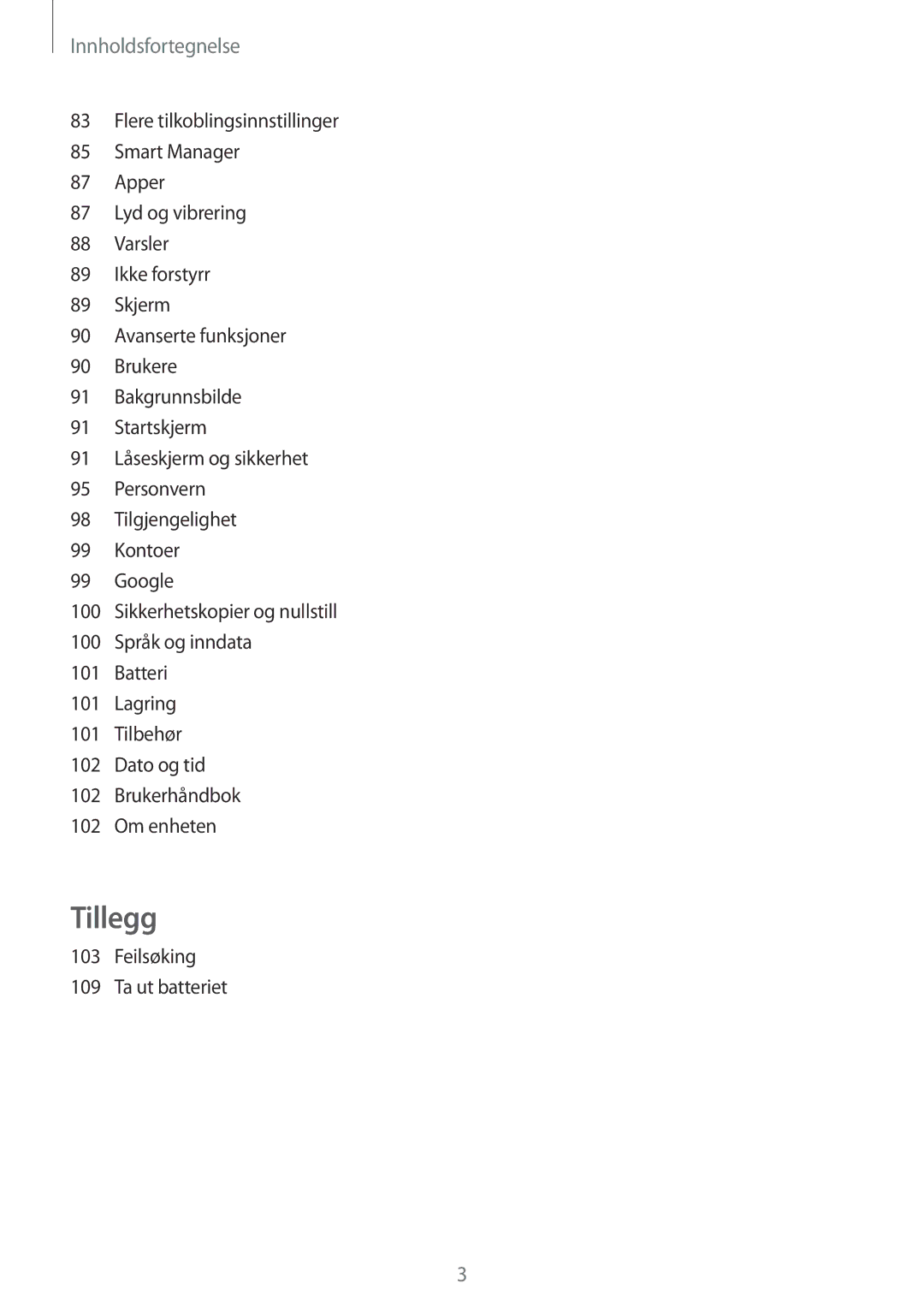 Samsung SM-T819NZWENEE, SM-T719NZWENEE, SM-T719NZKENEE, SM-T819NZKENEE manual Innholdsfortegnelse, Feilsøking Ta ut batteriet 