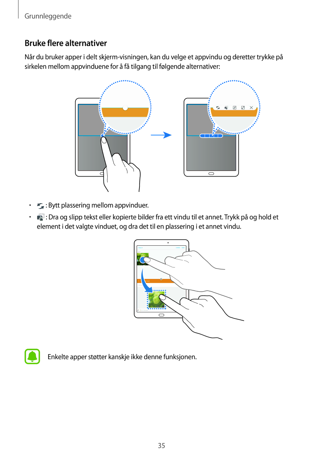 Samsung SM-T819NZWENEE, SM-T719NZWENEE, SM-T719NZKENEE manual Bruke flere alternativer, Bytt plassering mellom appvinduer 