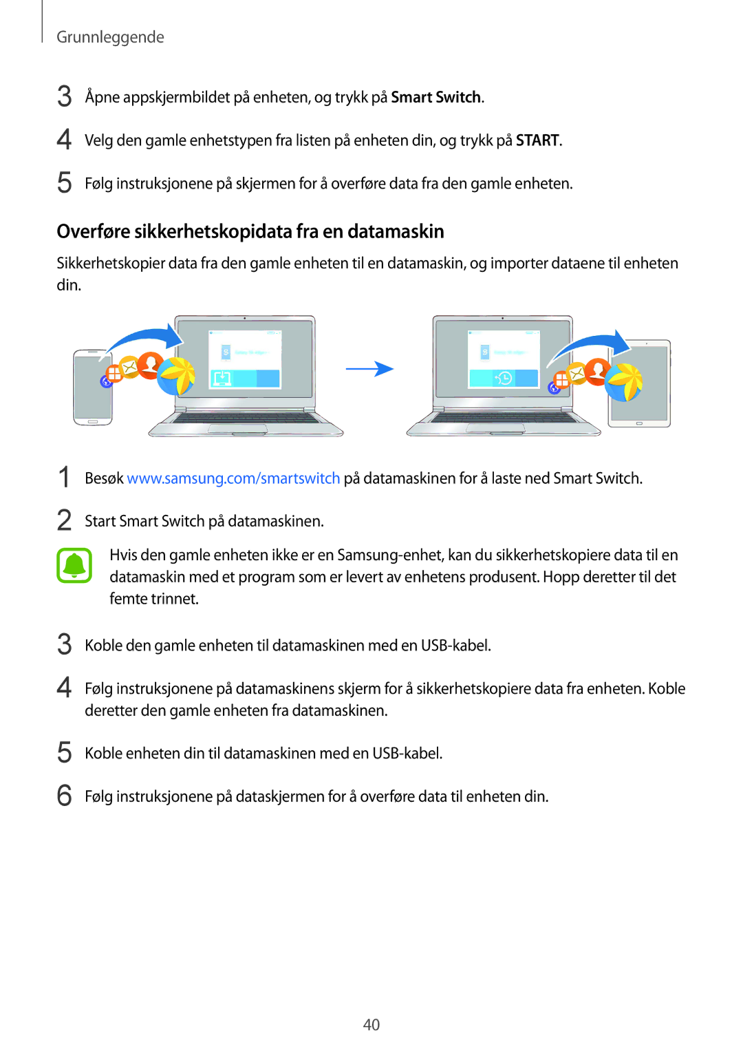 Samsung SM-T719NZWENEE, SM-T719NZKENEE, SM-T819NZKENEE, SM-T819NZWENEE manual Overføre sikkerhetskopidata fra en datamaskin 