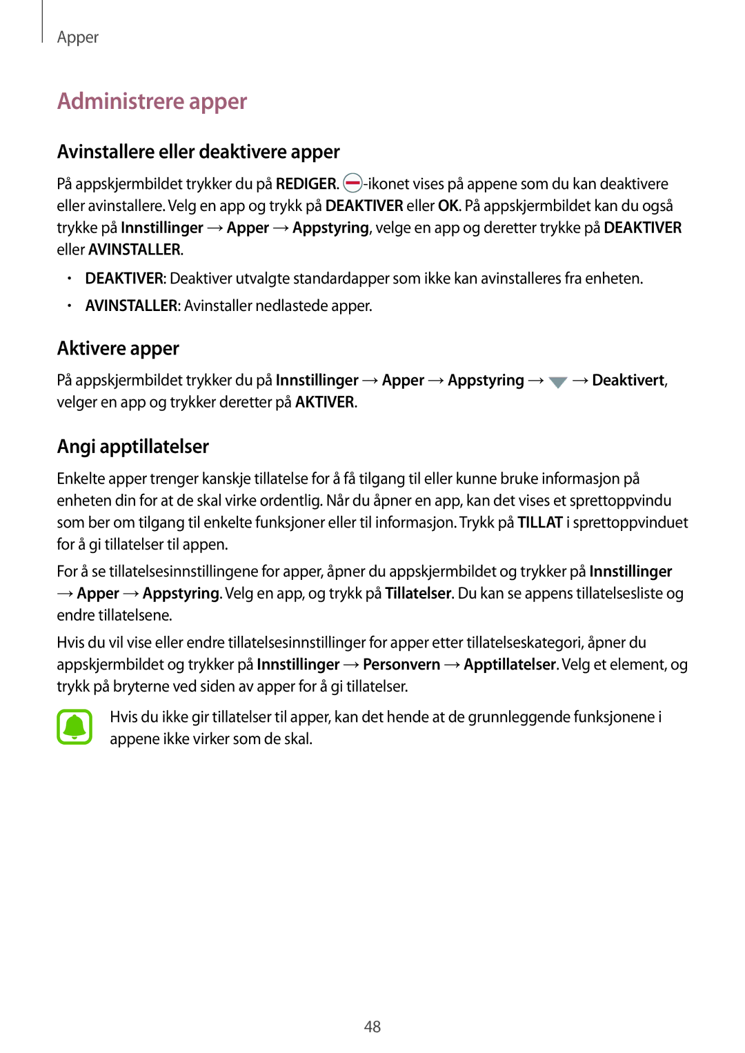 Samsung SM-T719NZWENEE manual Administrere apper, Avinstallere eller deaktivere apper, Aktivere apper, Angi apptillatelser 