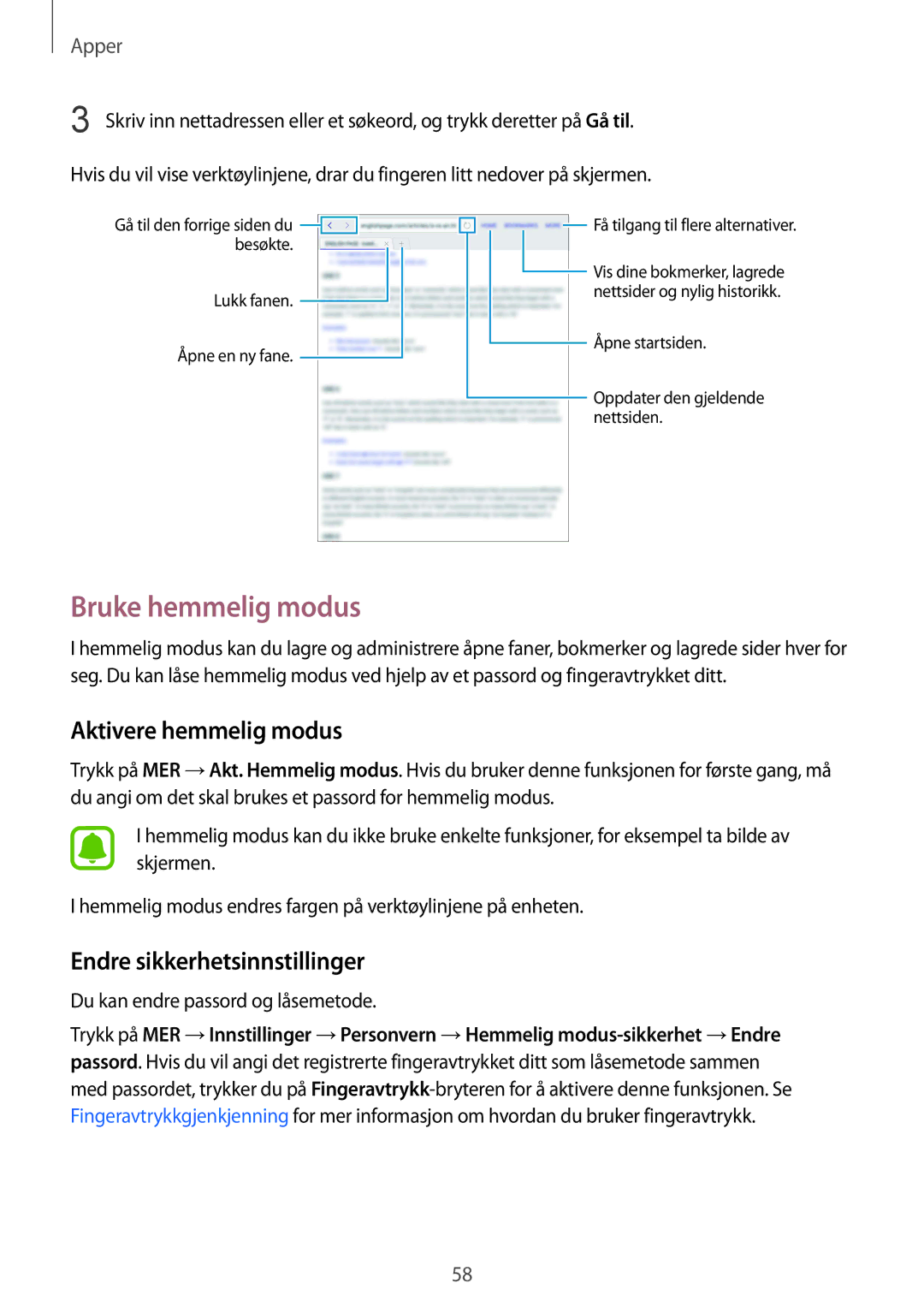 Samsung SM-T819NZKENEE, SM-T719NZWENEE manual Bruke hemmelig modus, Aktivere hemmelig modus, Endre sikkerhetsinnstillinger 