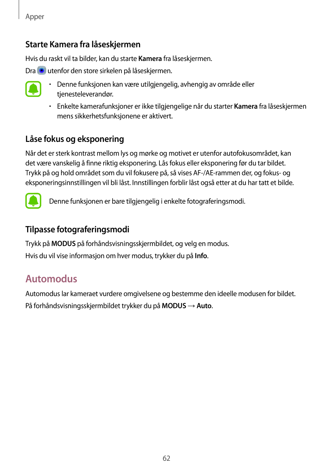 Samsung SM-T819NZKENEE Automodus, Starte Kamera fra låseskjermen, Låse fokus og eksponering, Tilpasse fotograferingsmodi 