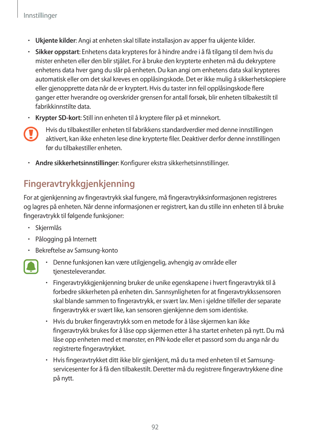 Samsung SM-T719NZWENEE, SM-T719NZKENEE, SM-T819NZKENEE, SM-T819NZWENEE manual Fingeravtrykkgjenkjenning 