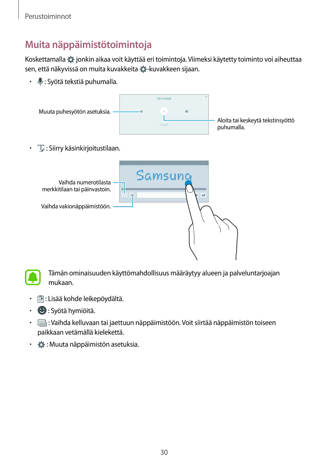 Samsung SM-T819NZKENEE, SM-T719NZWENEE, SM-T719NZKENEE manual Muita näppäimistötoimintoja, Siirry käsinkirjoitustilaan 