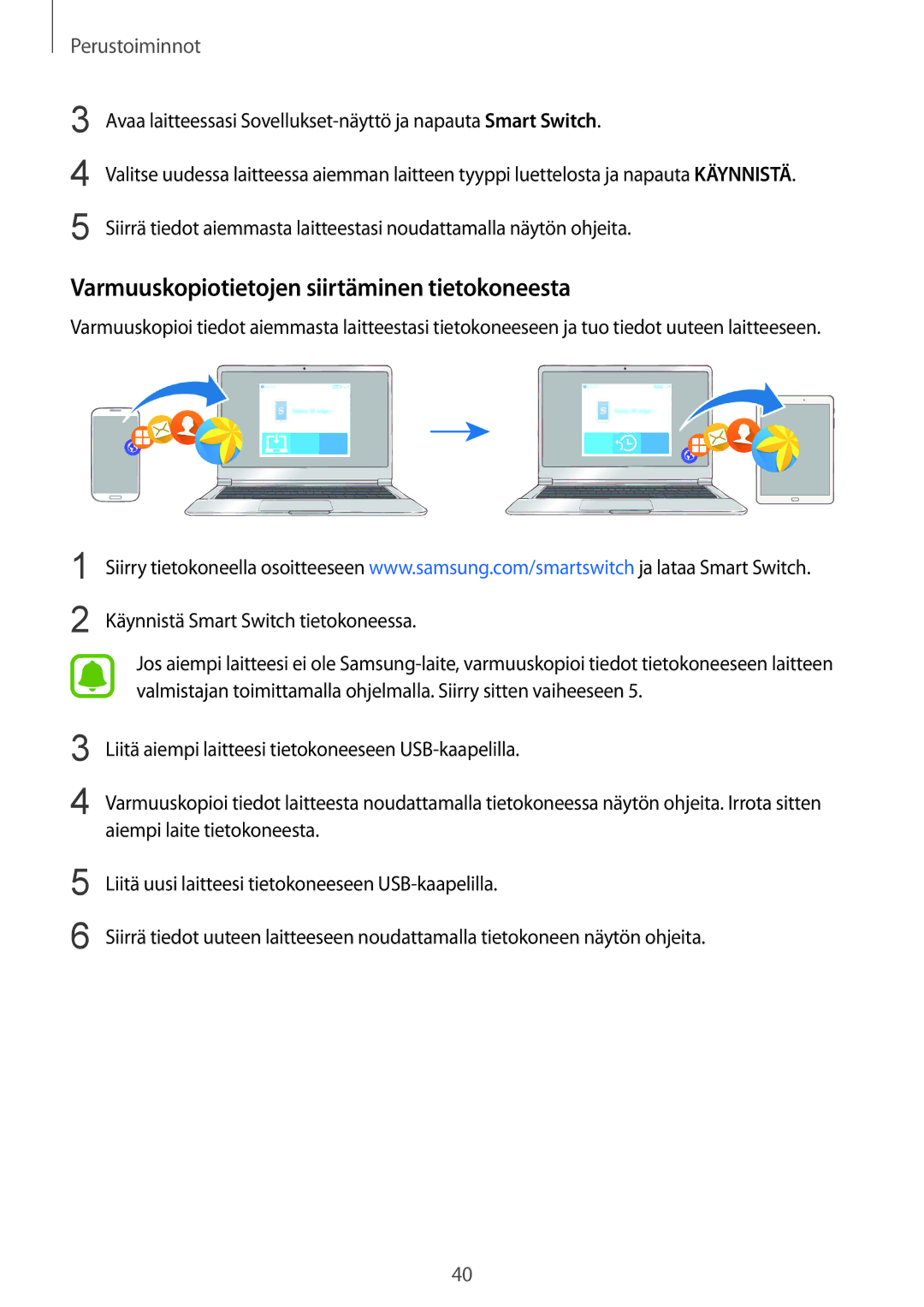 Samsung SM-T719NZWENEE, SM-T719NZKENEE, SM-T819NZKENEE, SM-T819NZWENEE manual Varmuuskopiotietojen siirtäminen tietokoneesta 