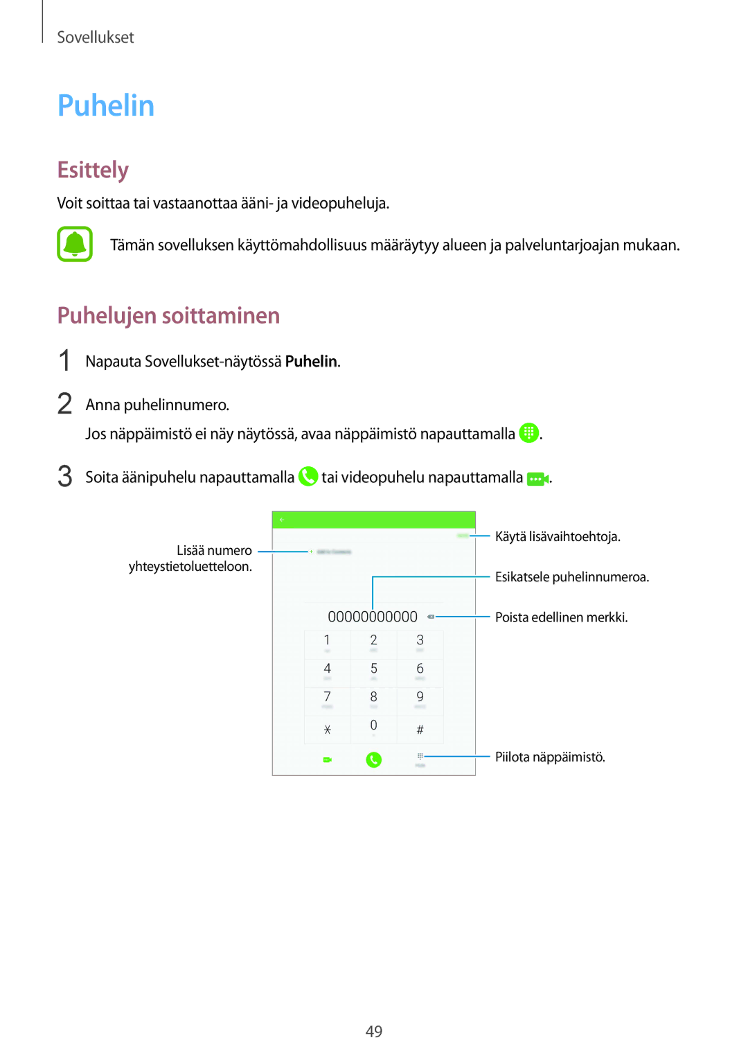 Samsung SM-T719NZKENEE manual Puhelin, Puhelujen soittaminen, Voit soittaa tai vastaanottaa ääni- ja videopuheluja 