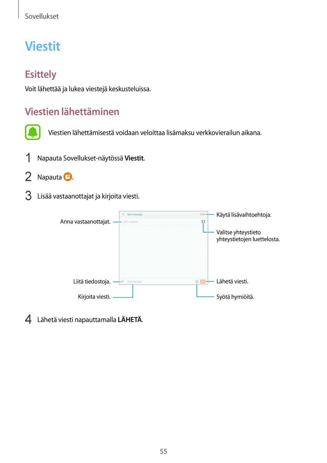 Samsung SM-T819NZWENEE, SM-T719NZWENEE manual Viestit, Viestien lähettäminen, Voit lähettää ja lukea viestejä keskusteluissa 