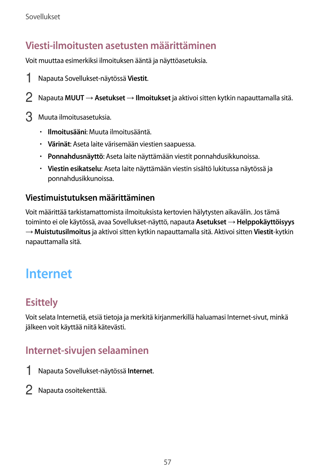 Samsung SM-T719NZKENEE, SM-T719NZWENEE manual Viesti-ilmoitusten asetusten määrittäminen, Internet-sivujen selaaminen 