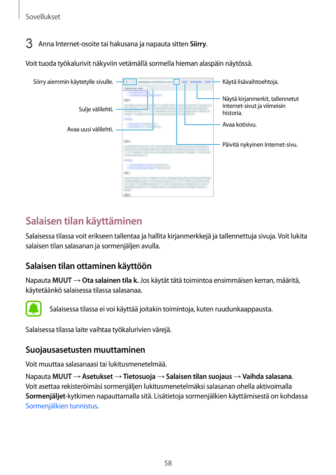 Samsung SM-T819NZKENEE manual Salaisen tilan käyttäminen, Salaisen tilan ottaminen käyttöön, Suojausasetusten muuttaminen 