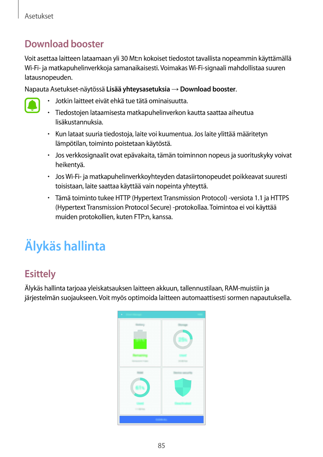 Samsung SM-T719NZKENEE, SM-T719NZWENEE, SM-T819NZKENEE, SM-T819NZWENEE manual Älykäs hallinta, Download booster 