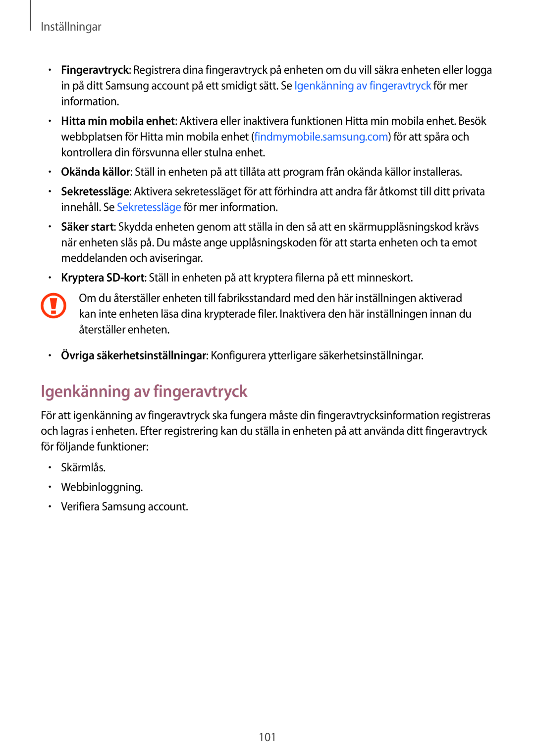 Samsung SM-T719NZKENEE, SM-T719NZWENEE, SM-T819NZKENEE, SM-T819NZWENEE manual Igenkänning av fingeravtryck 