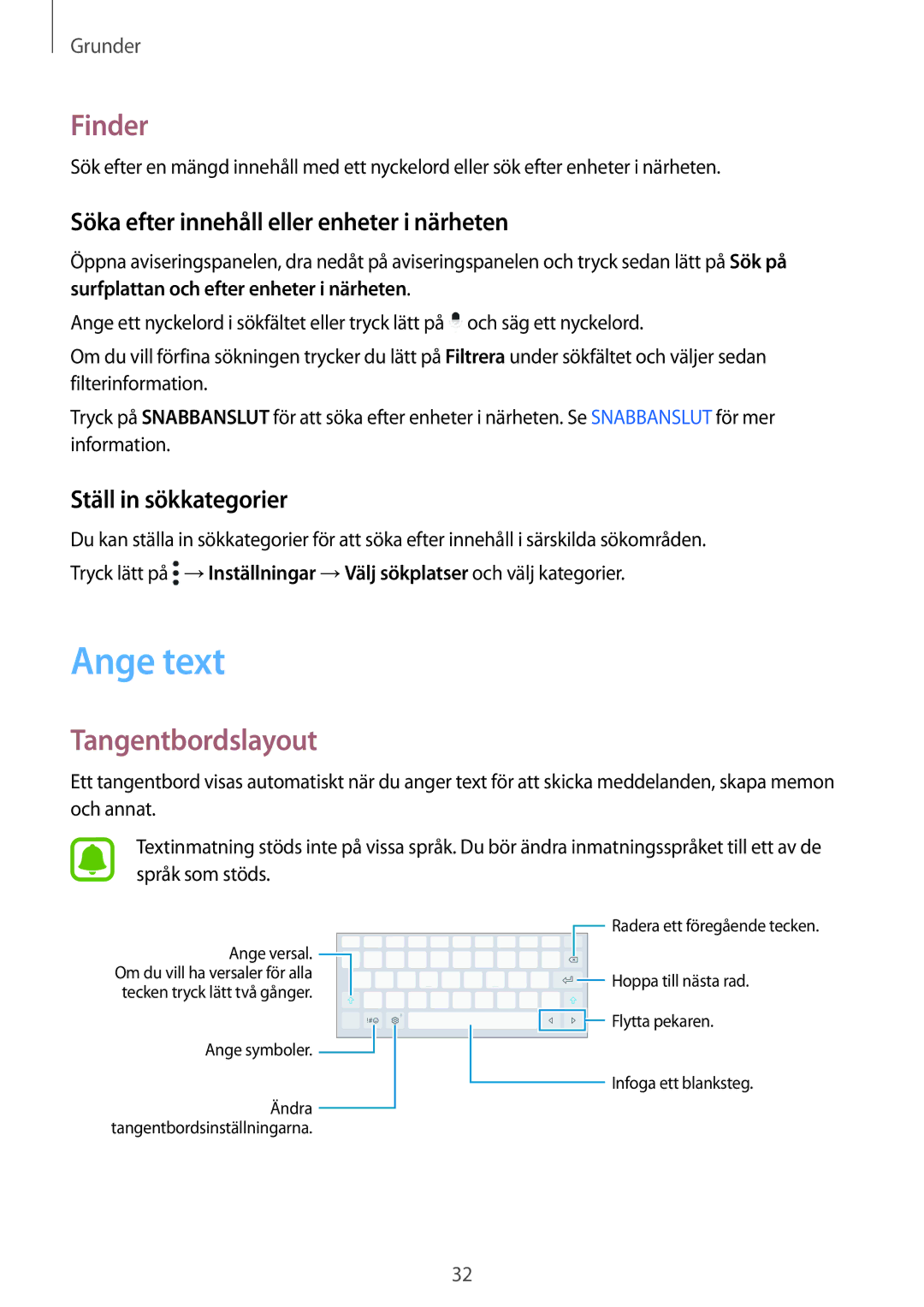 Samsung SM-T719NZWENEE, SM-T719NZKENEE Ange text, Finder, Tangentbordslayout, Söka efter innehåll eller enheter i närheten 