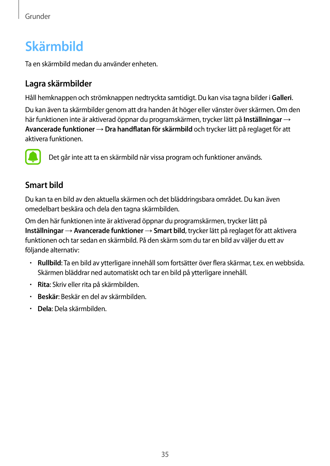 Samsung SM-T819NZWENEE, SM-T719NZWENEE, SM-T719NZKENEE, SM-T819NZKENEE manual Skärmbild, Lagra skärmbilder, Smart bild 