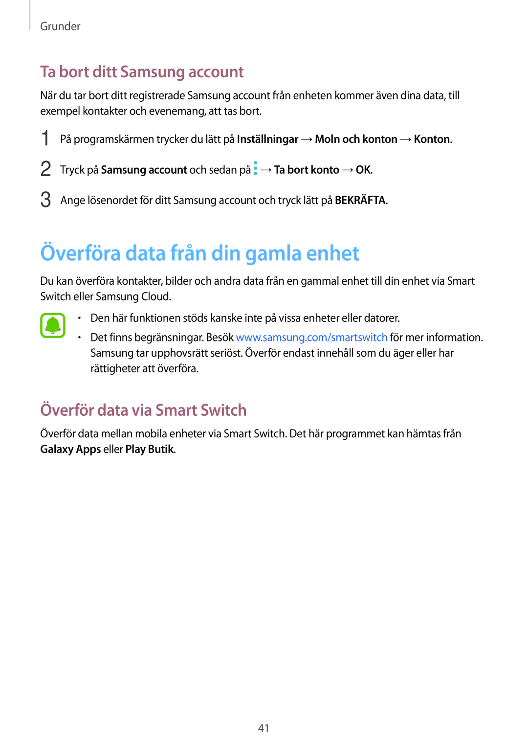 Samsung SM-T719NZKENEE Överföra data från din gamla enhet, Ta bort ditt Samsung account, Överför data via Smart Switch 