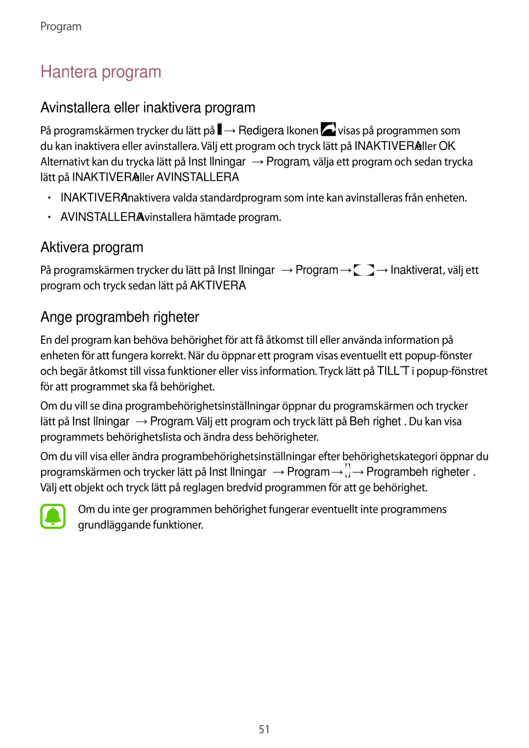 Samsung SM-T819NZWENEE Hantera program, Avinstallera eller inaktivera program, Aktivera program, Ange programbehörigheter 