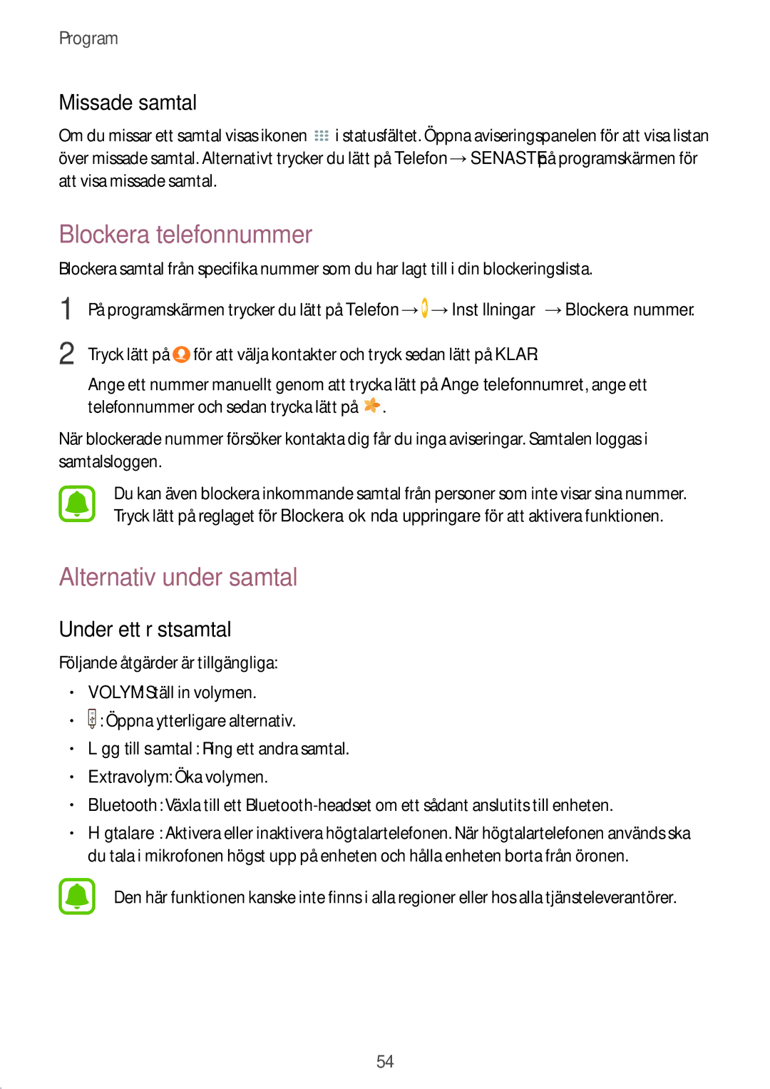 Samsung SM-T819NZKENEE manual Blockera telefonnummer, Alternativ under samtal, Missade samtal, Under ett röstsamtal 