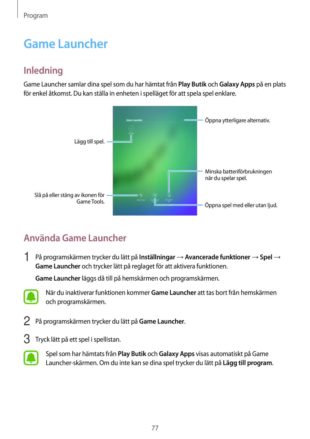 Samsung SM-T719NZKENEE, SM-T719NZWENEE, SM-T819NZKENEE, SM-T819NZWENEE manual Använda Game Launcher 