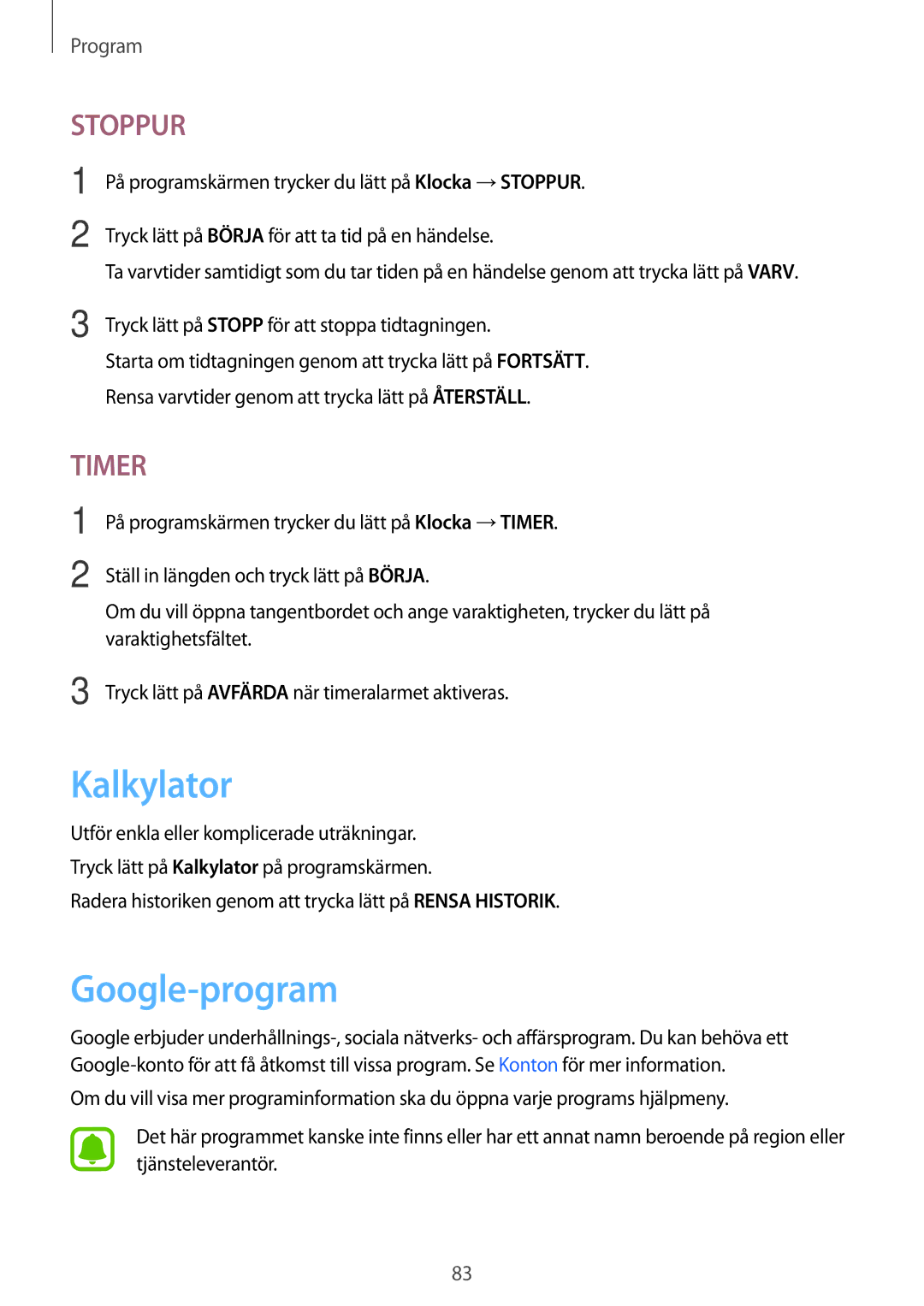 Samsung SM-T819NZWENEE, SM-T719NZWENEE, SM-T719NZKENEE, SM-T819NZKENEE manual Kalkylator, Google-program 