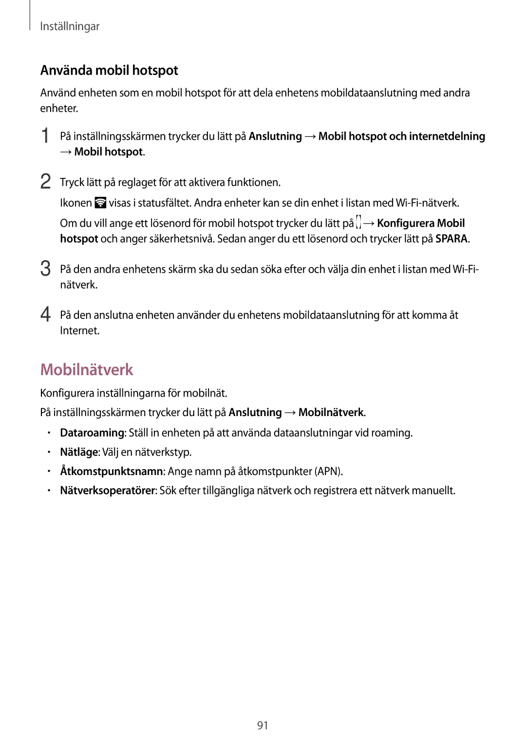 Samsung SM-T819NZWENEE, SM-T719NZWENEE, SM-T719NZKENEE, SM-T819NZKENEE manual Mobilnätverk, Använda mobil hotspot 