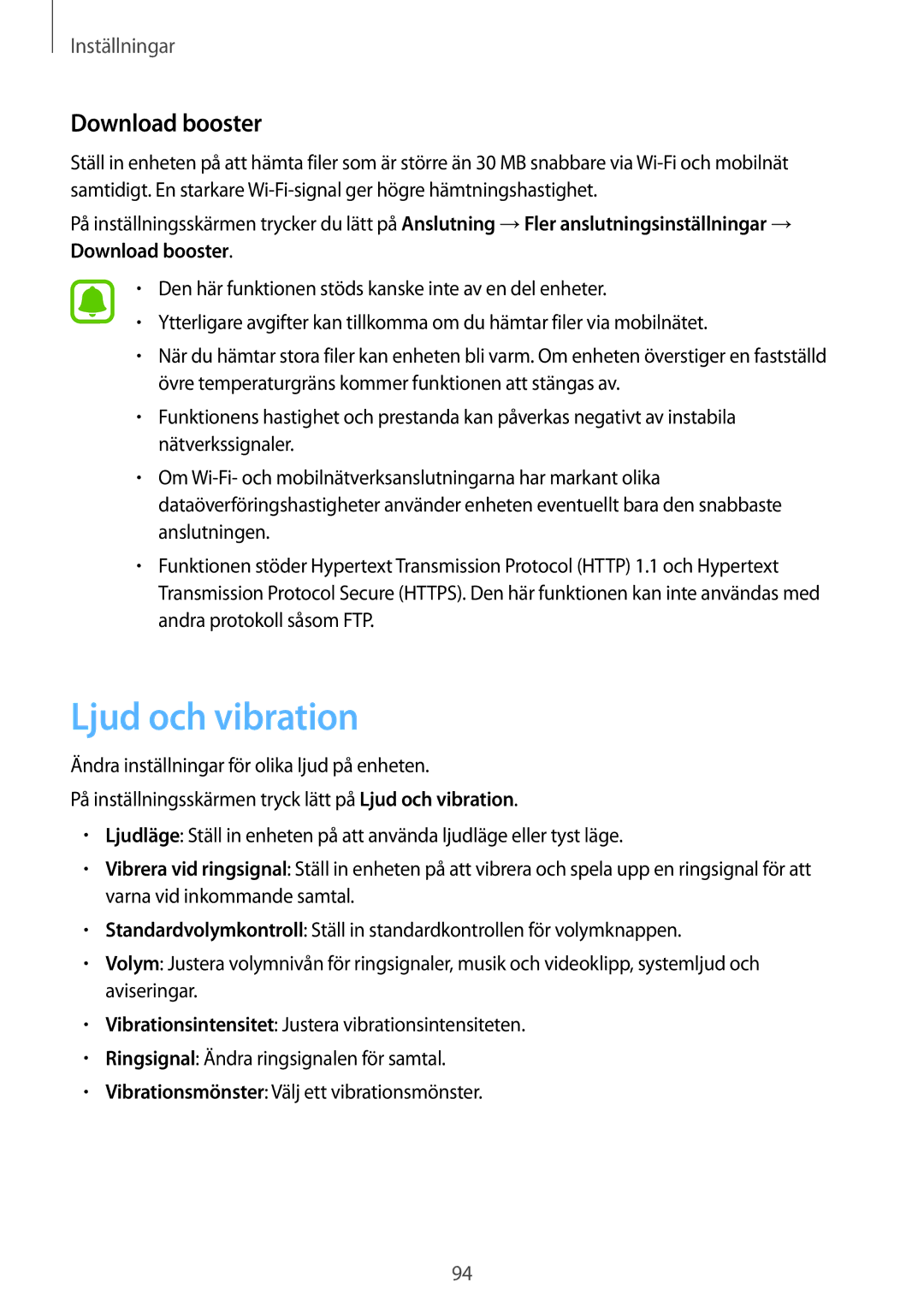 Samsung SM-T819NZKENEE, SM-T719NZWENEE, SM-T719NZKENEE, SM-T819NZWENEE manual Ljud och vibration, Download booster 